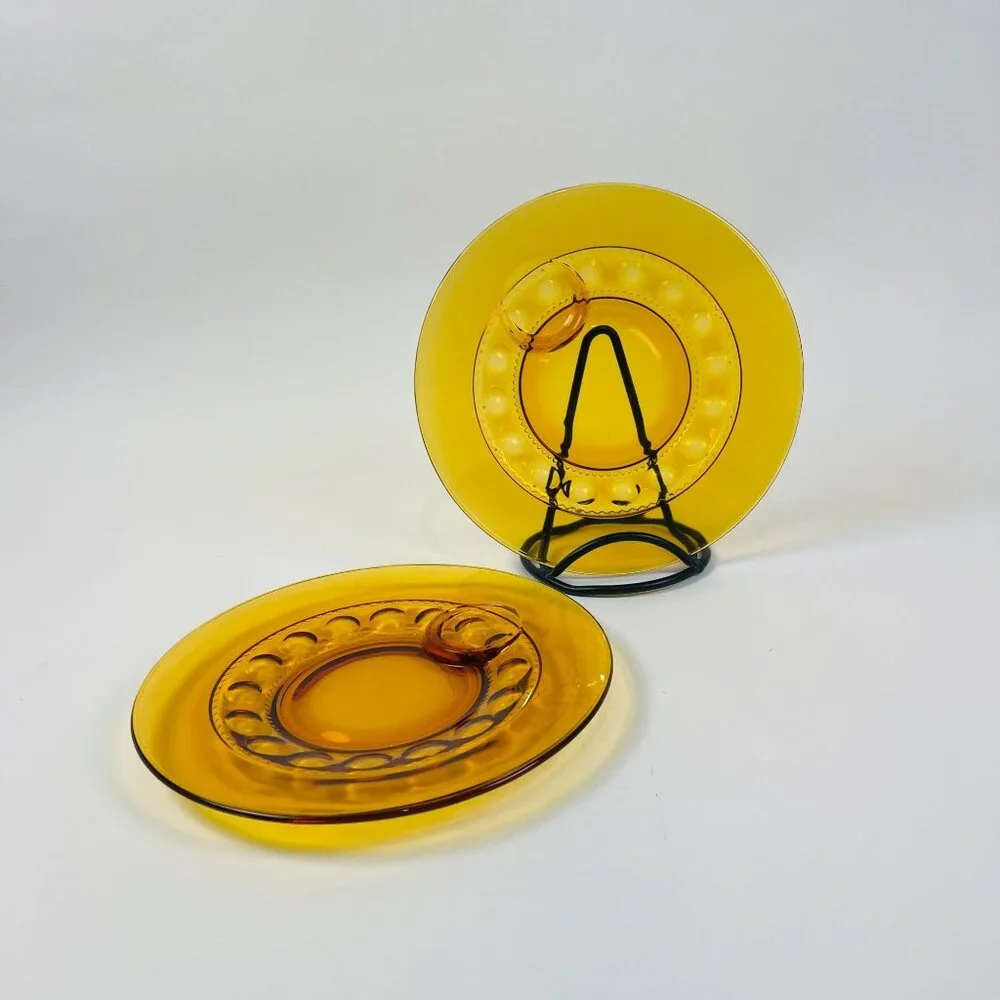 Indiana Glass 2 Kings Crown Thumbprint Amber Dinner Plates 10.25” Pair
